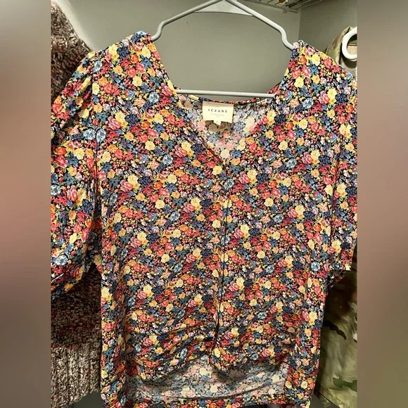 Sezane Floral V-Neck Flutter Sleeve Blouse in Multi-Color - Picture 3 of 5